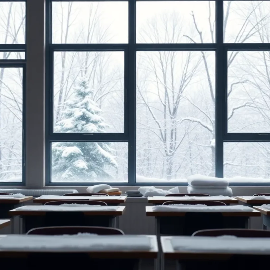 Classroom with winter scenery outside the window