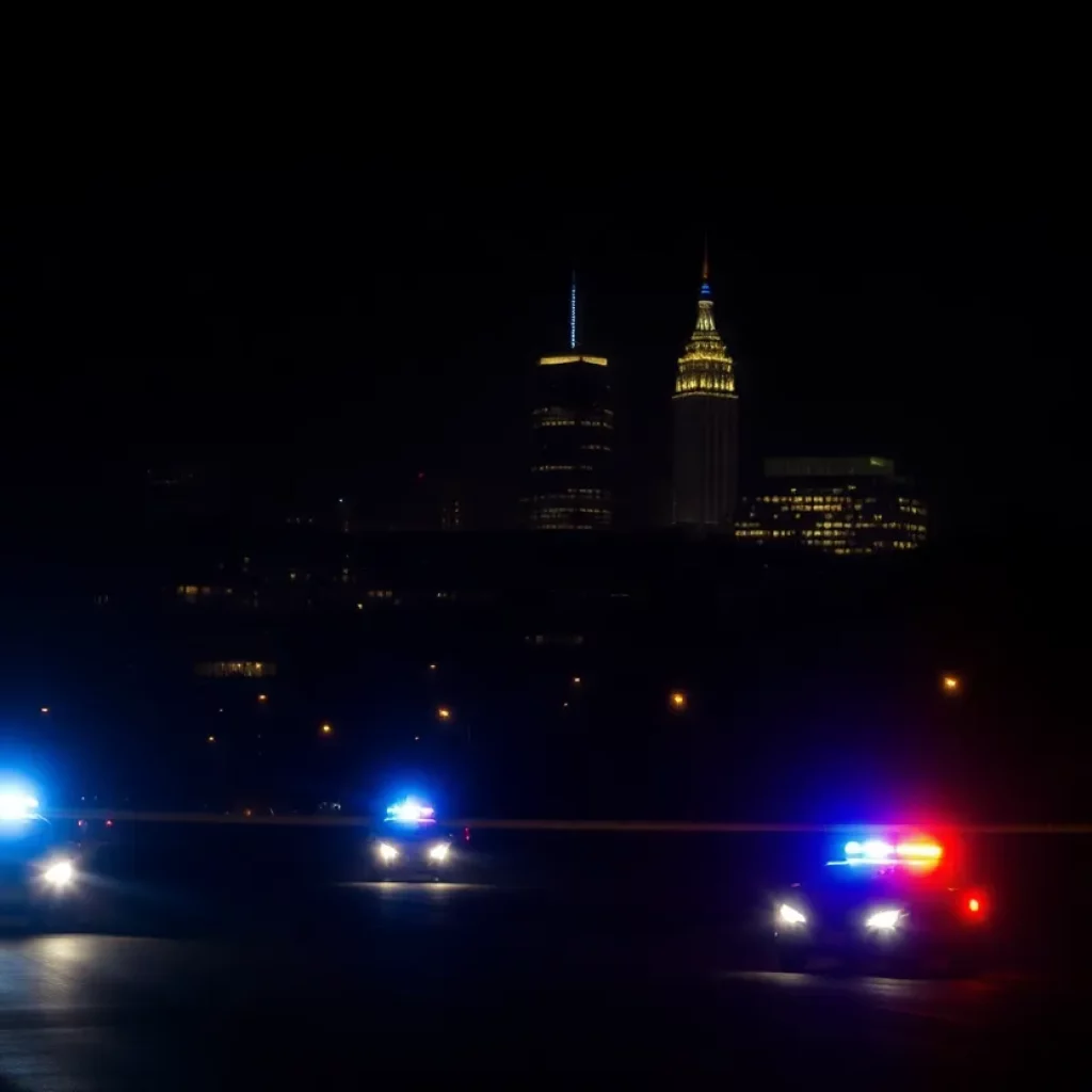 Atlanta cityscape at night with police lights