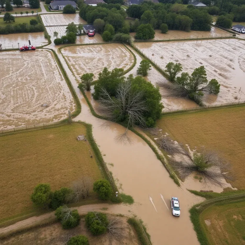 Rural Georgia landscape showing flooding and debris after Hurricane Helene