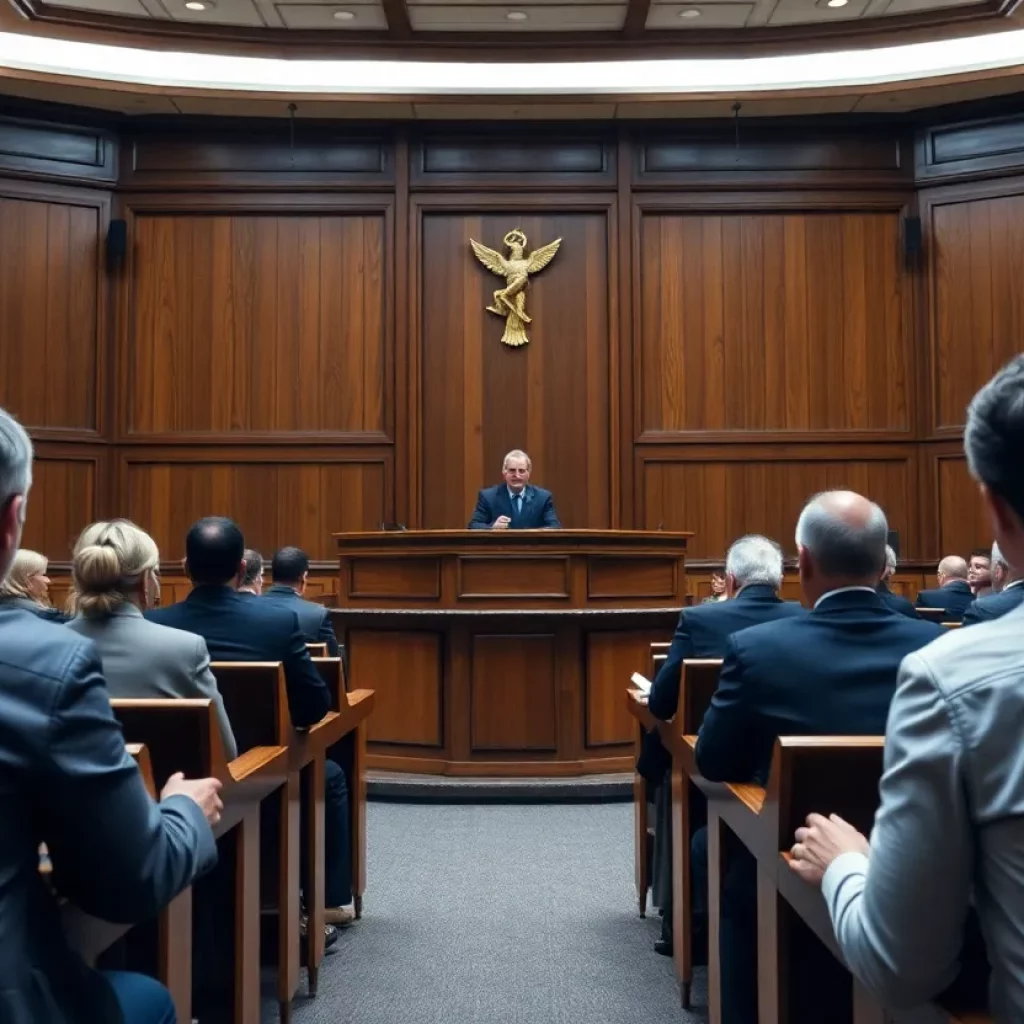 Interior of an Atlanta courtroom during a murder trial