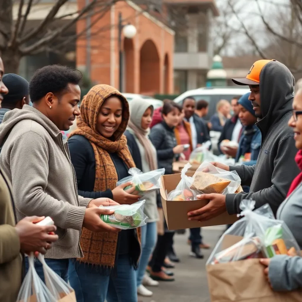 Volunteers at College Park's community support event distributing food and essentials