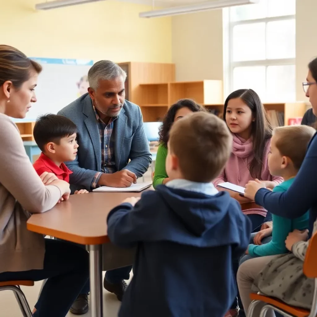 Parents discussing school safety with children in a classroom