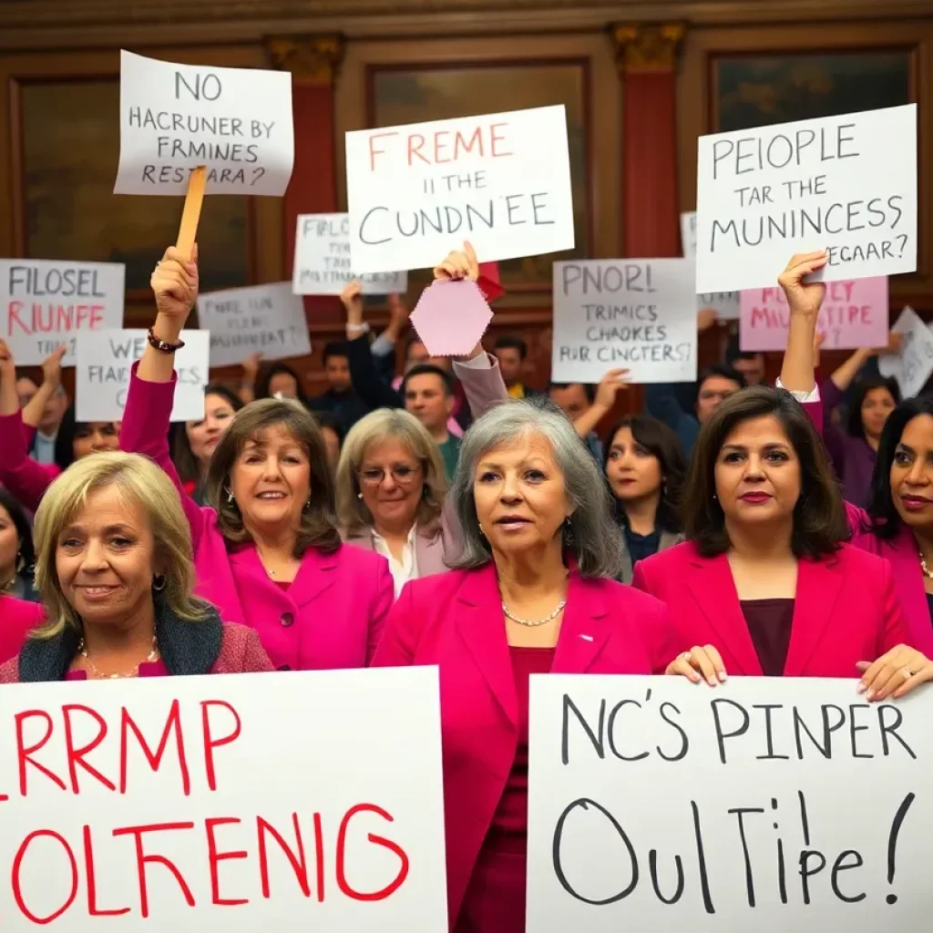 Diverse group of lawmakers protesting during congressional address, holding signs.