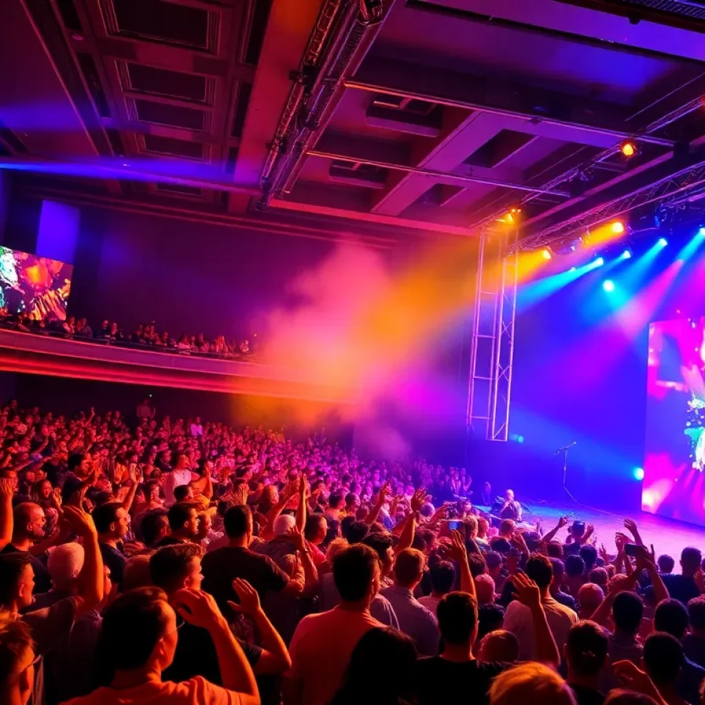 Concert scene during Foster the People's tour with colorful lights and lively audience.