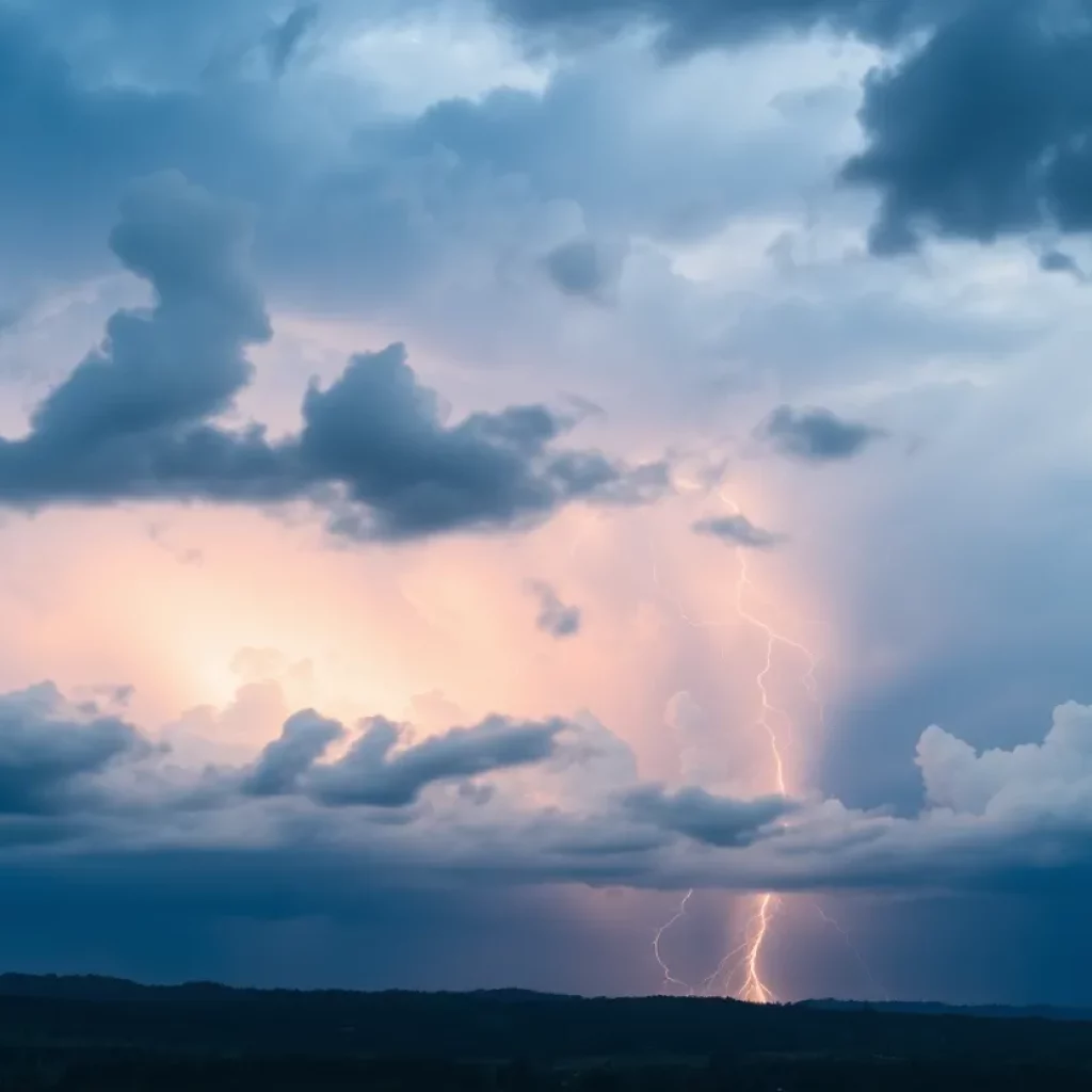 Dark clouds and lightning threatening Georgia landscape