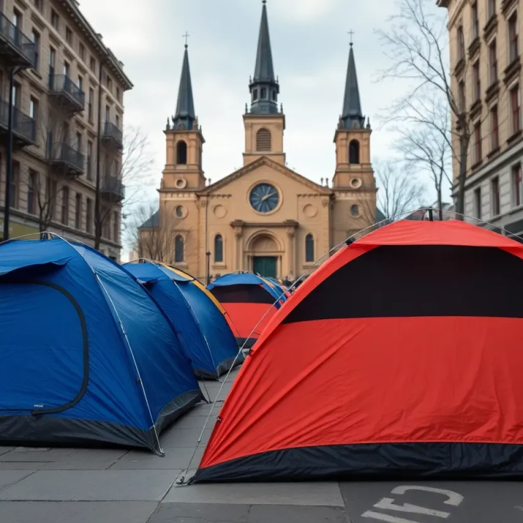 A homeless encampment with tents near a historic church.