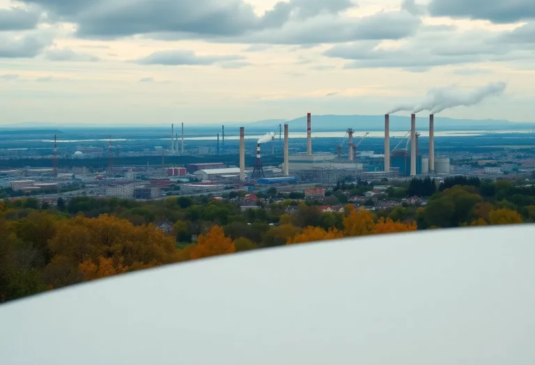 A skyline with smokestacks and smog representing industrial pollution.