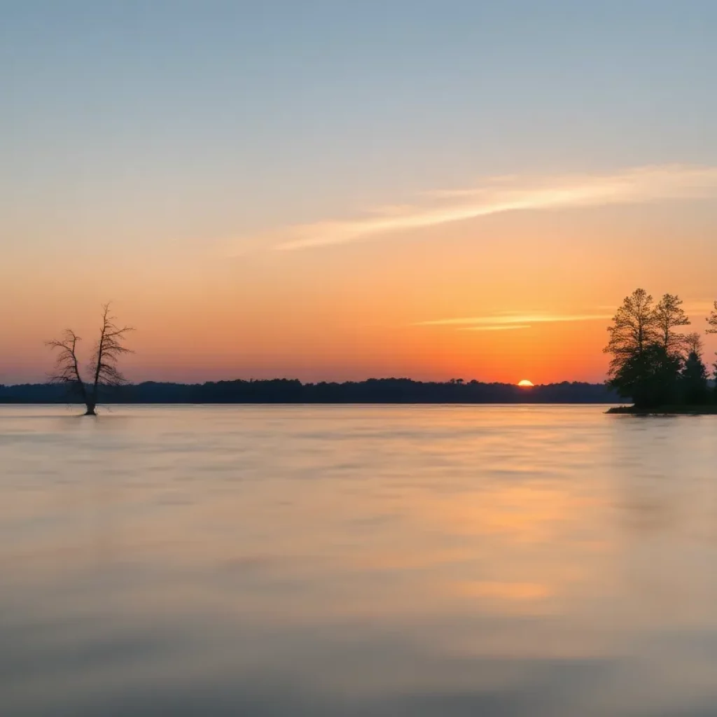 Lake Oconee at sunset with trees and calm waters