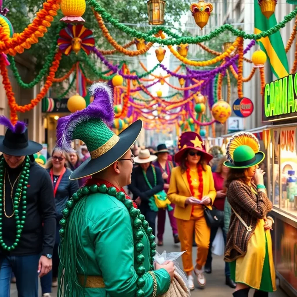 Vibrant Mardi Gras celebration in Metro Atlanta with people in festive attire and decorations.