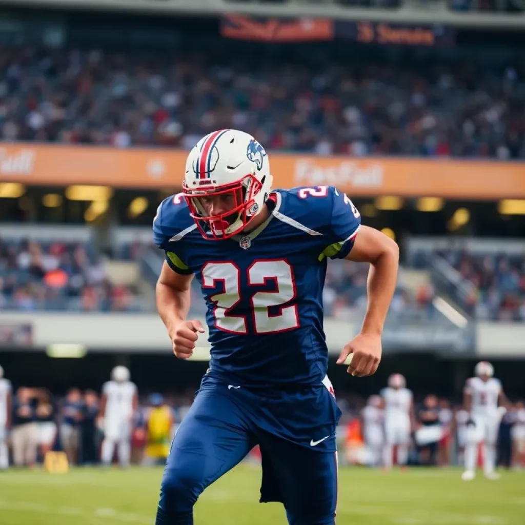 A football player in action during a game representing uncertainty in his future.