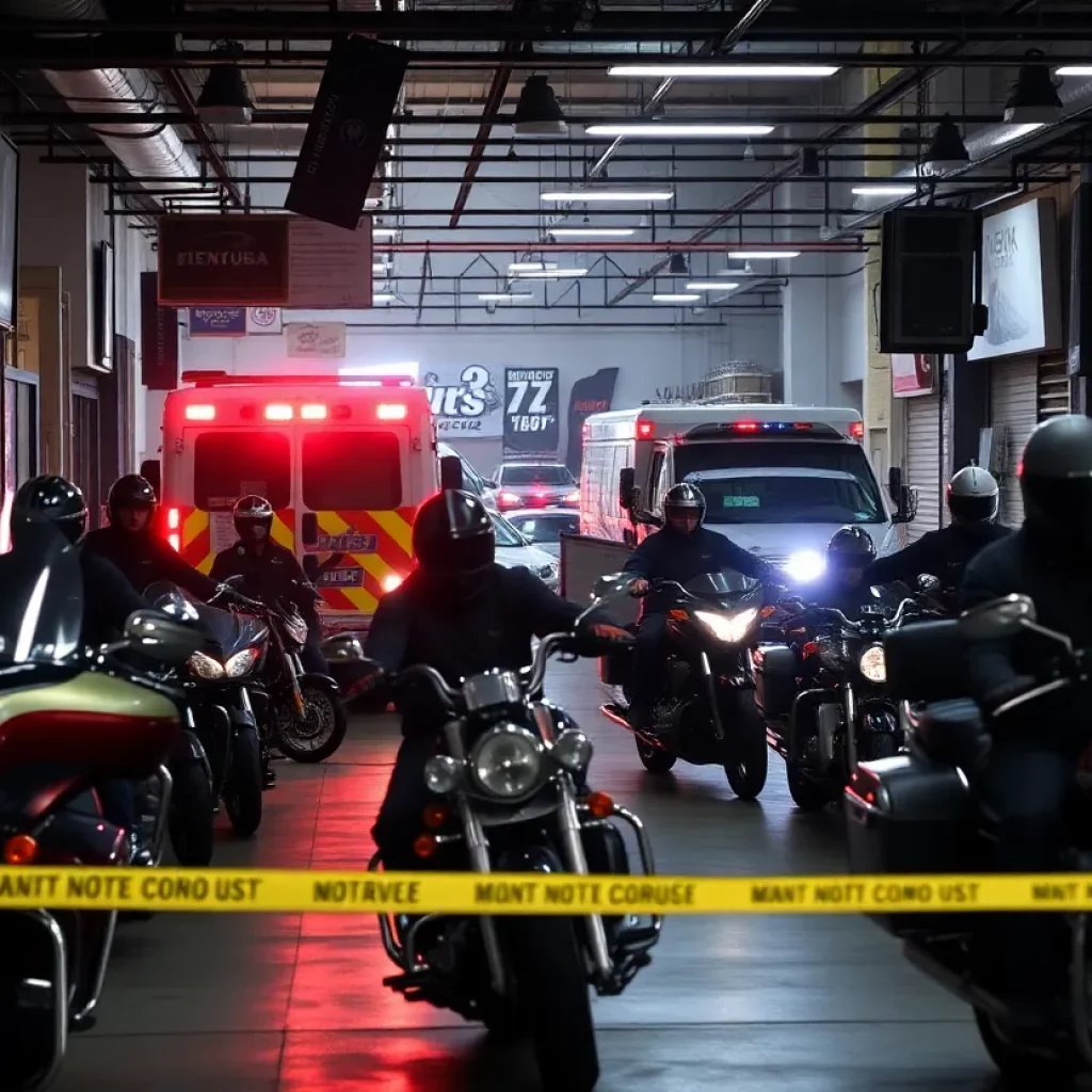 Scene of a motorcycle shop in Atlanta with police presence after a shooting incident.