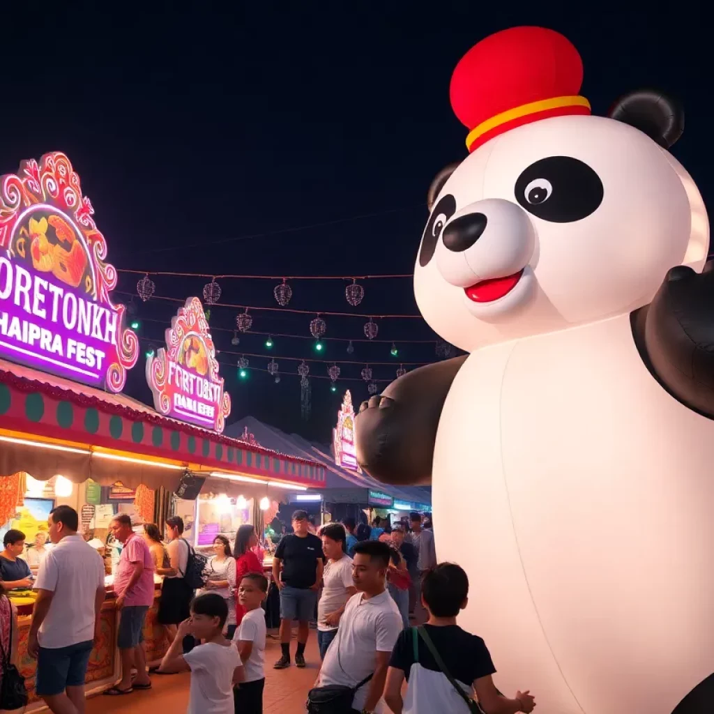 Panda Fest festival scene with food stalls and inflatable panda