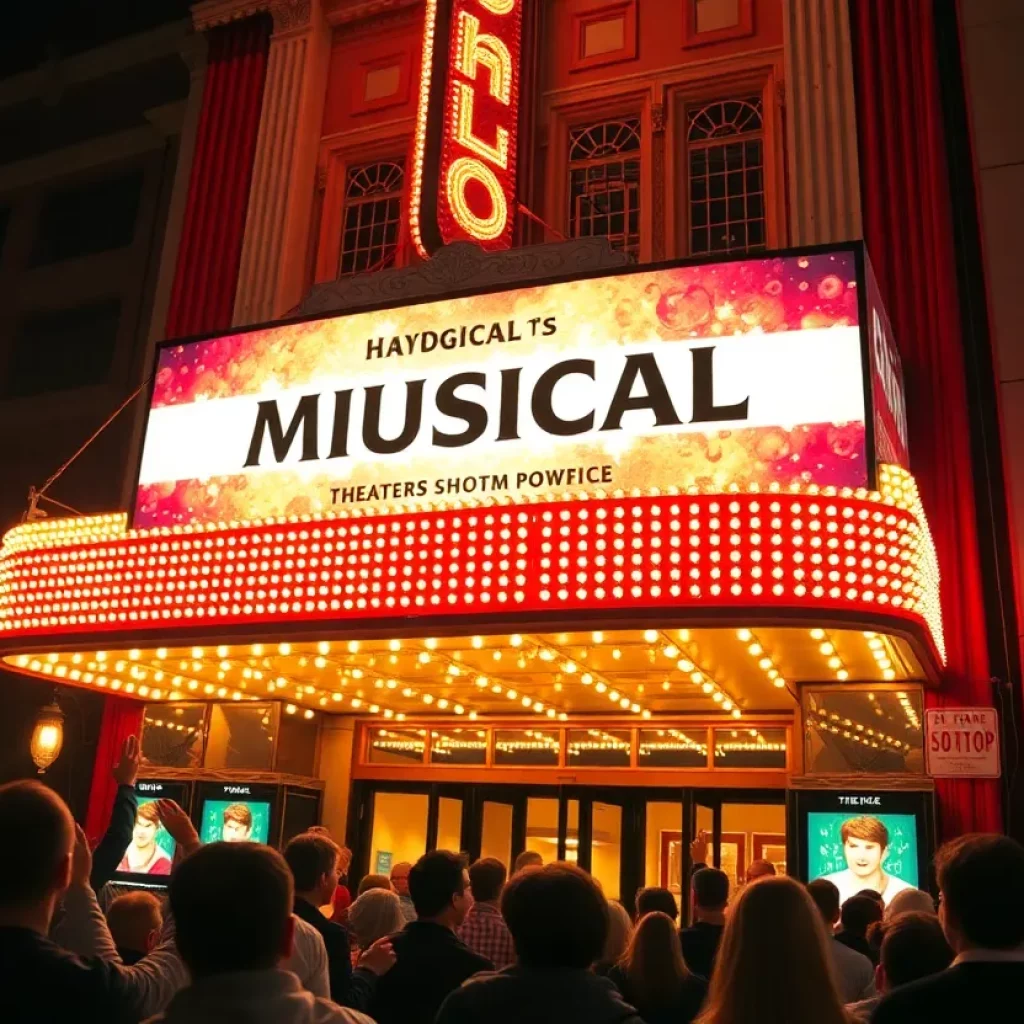 Marquee of Fox Theater featuring Parade musical with crowd