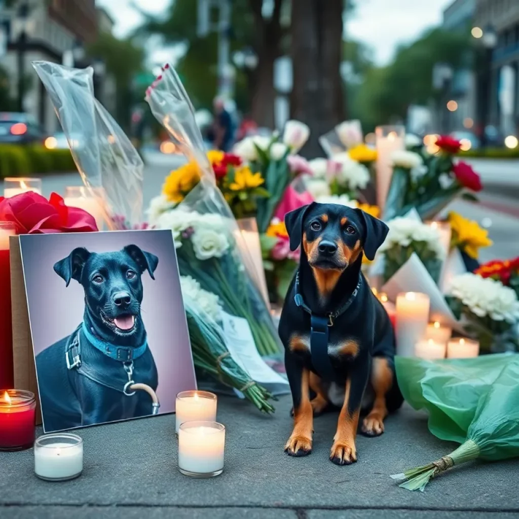 Memorial for a service dog with flowers and candles in Atlanta