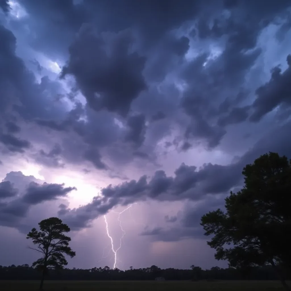 Dark storm clouds and lightning over Georgia landscape