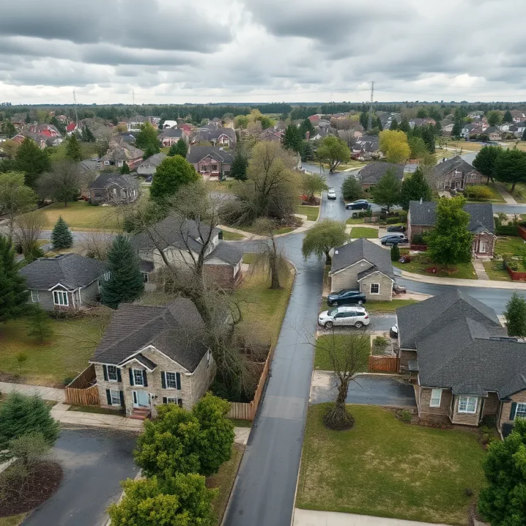 Aerial view of storm damage in suburban Atlanta