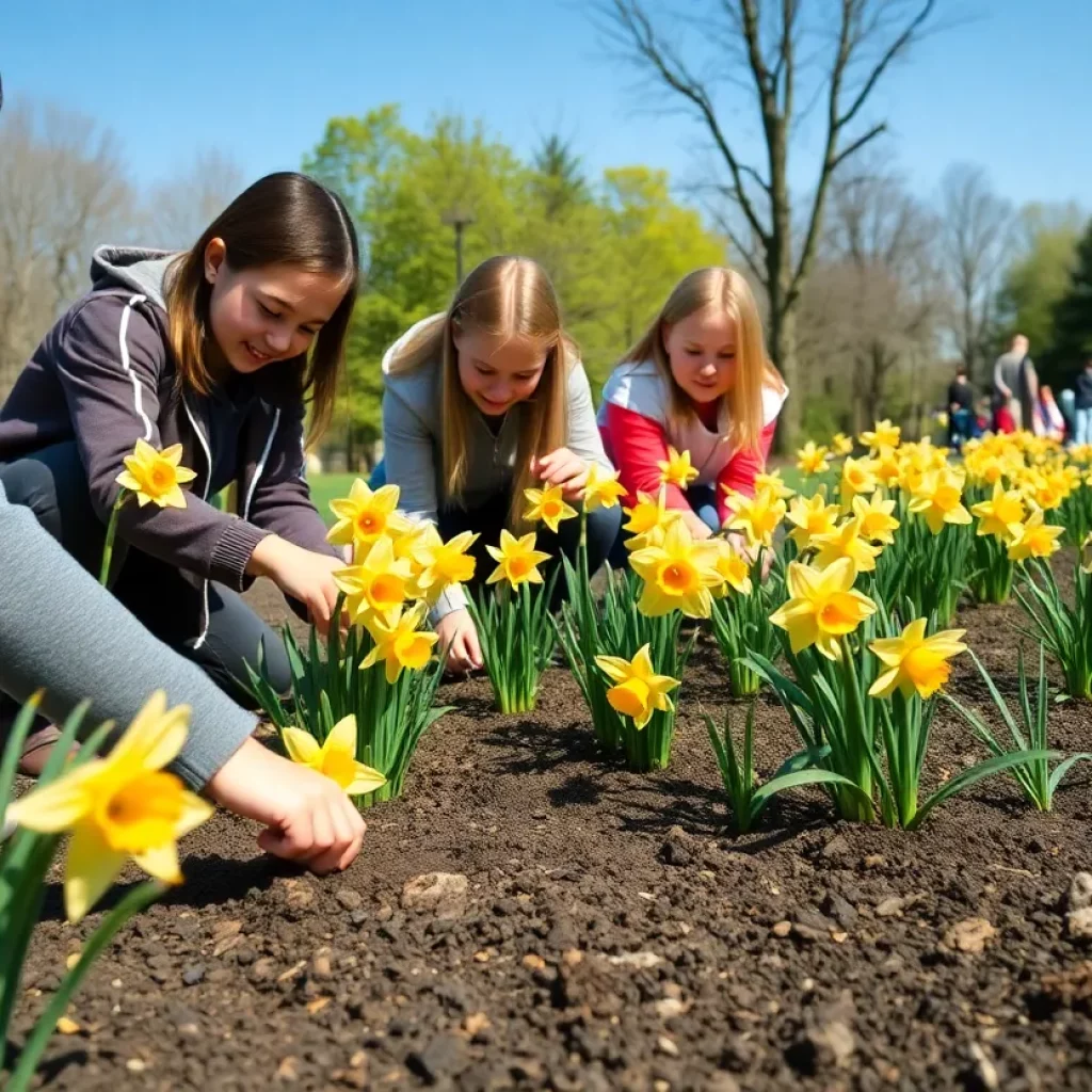 Students engaged in planting daffodils as part of a memorial project