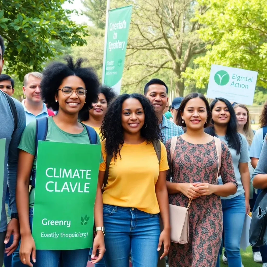 Diverse individuals engaging in sustainability activities at a community event.